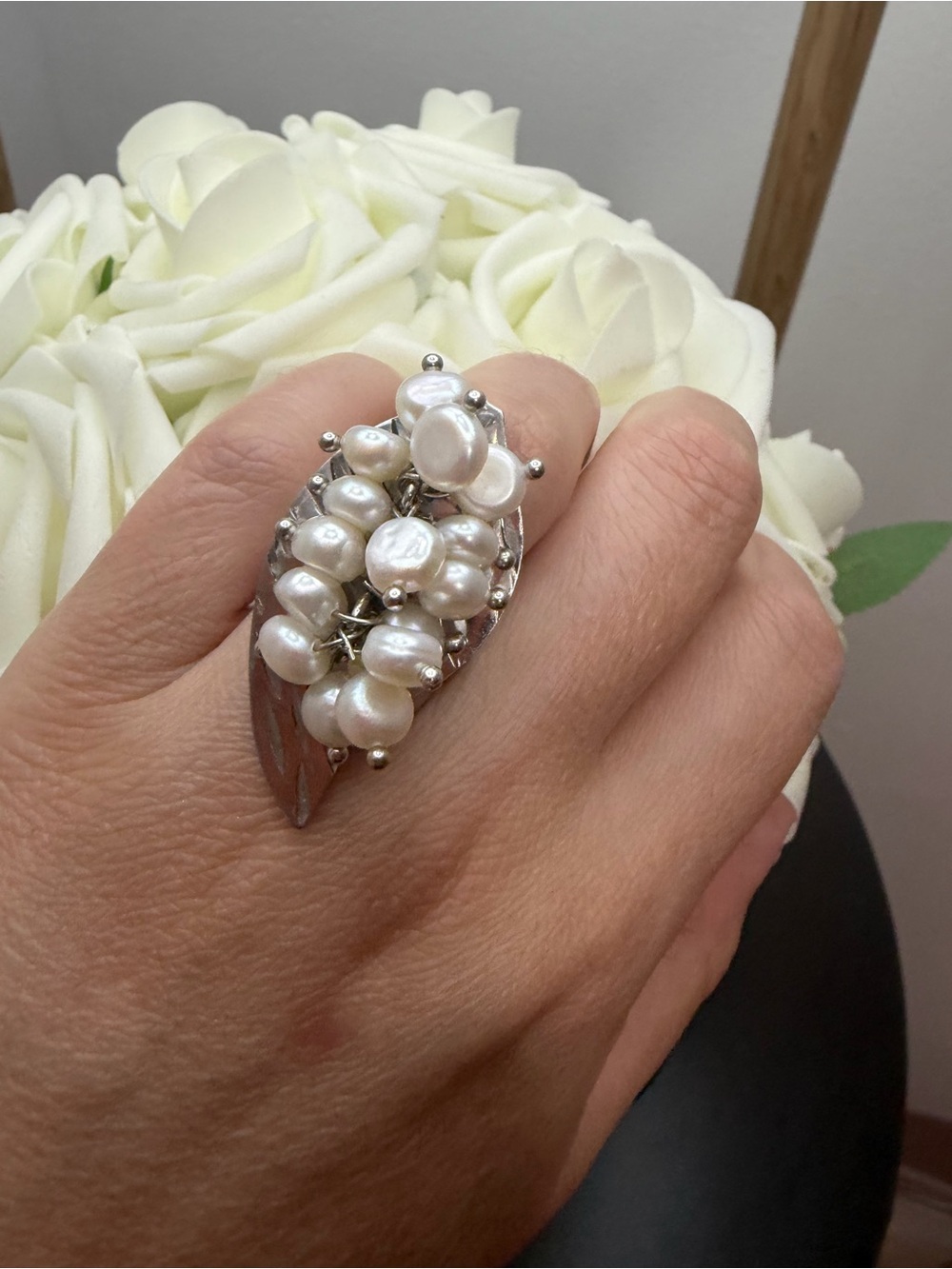 Silver tone Pearl Cluster Statement Ring - White Pearls